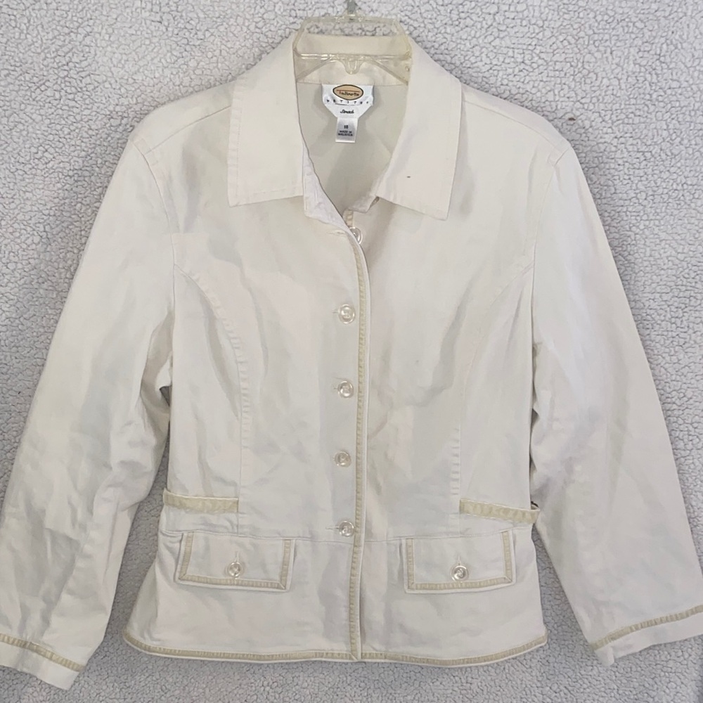 Talbots Petite Stretch button down coat, sz 16P, cream.